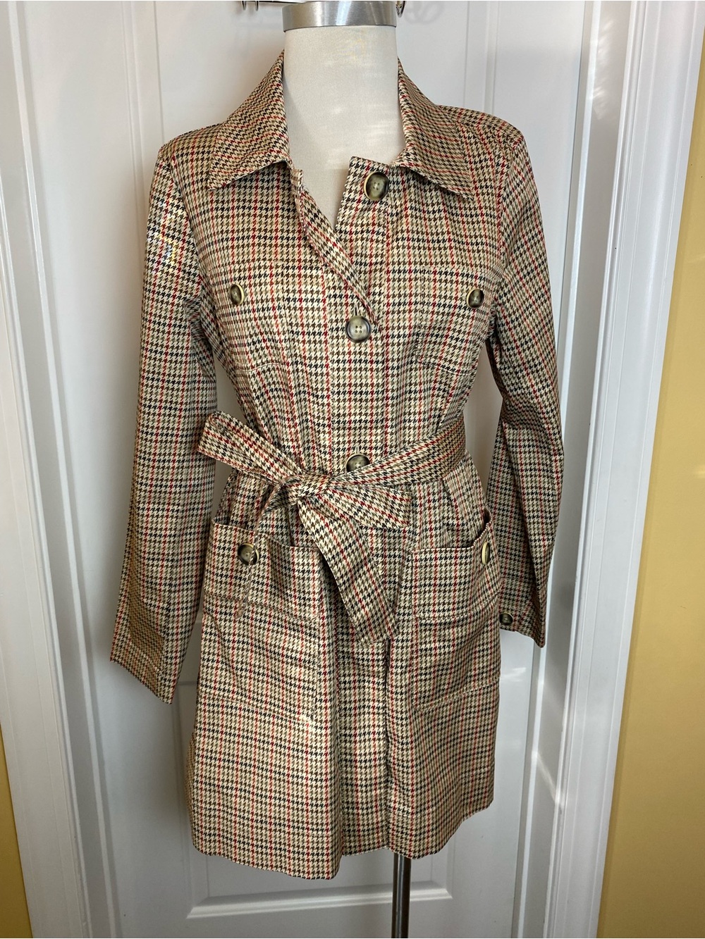 Cabi Sherlock Trench Coat Womens Size Medium Houndstooth Belted Stretch Preppy